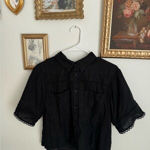 Ellen Tracy Cotton Black Button-Up Blouse with Lace Trim with Cargo Pants Set